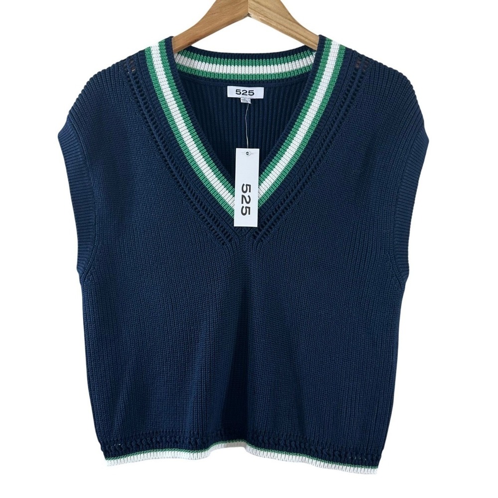 525 Womens Navy Blue 100% Cotton V-Neck Striped Trim Sweater Vest Size Large NWT